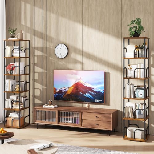 IBUYKE 6 Tier Rotating Bookshelf,Square Bookcases,Brown TBC005H | 360°Spinning Bookcases Tower Freestanding Corner Bookshelf with Rails Industrial Bookcase Organizer for Bedroom Living Room - color: Rustic Brown, size: 6 Tier
