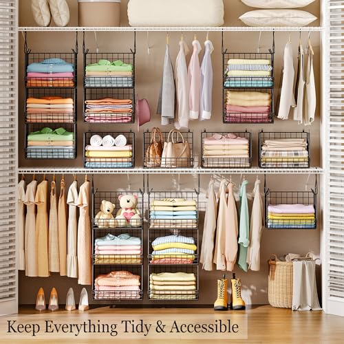 X-cosrack 3-Tier Hanging Closet Organizer, Laundry Room Organization | Space Saving Shelves with 1.65" Hook & 5 S-Hooks | Hanging Wire Baskets (12.4" W x 8.8" H x 10.24-11.8" D) - color: Black, size: 3-Tier