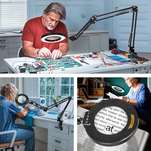 Ultra Long 3-Section Swing Arm 12X 30X Magnifying Glass with Light | 4-Way Large Metal Clamp, 5 Color Modes LEDs, 35.2Inch Lighted Magnifier Lamp for Workbench Crafting Hobby Soldering Reading