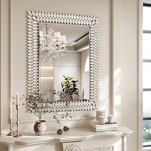 Kelly Miller 30"x40" Jeweled Luxury Rectangle Decorative Wall Mirror | Elegant diamond beveled vanity mirror. Perfect large wall mirror for living room, bathroom, entryway. - size: 40"L x 30"W