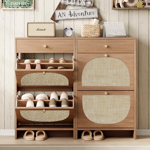 Shoe Storage Cabinet for Entryway, Slim Shoe Rack with 2 Flip Drawers and Top Storage Drawer, Narrow Shoe Organizer with Arched Rattan Accent, Entryway Shoe Storage for Size 13.5 Shoes, Caramel