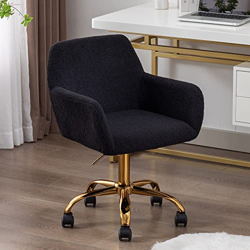 Faux Fur Office Desk Chair, Comfy Swivel Armchair with Wheels, Upholstered Fuzzy Vanity Chair, Adjustable Seat Height, Black | Fluffy Swivel Modern Armchair Upholstered Fuzzy Height Adjustable for Teens Women Girls Elegant for Living Room Bedroom - color: