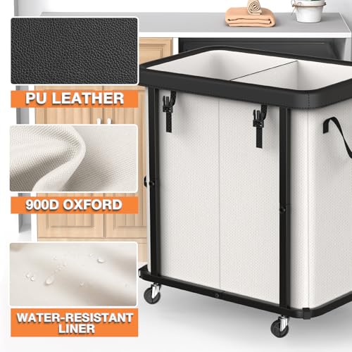 Laundry Basket with Wheels,190L (50 Gal) Laundry Hamper 2 Setion - Beige | Leather Patchwork,Sturdy Metal Frame, Removable Washable Bag, Tall Clothes Sorter for Bedroom, Laundry Room - color: Beige, size: 2 Section-190L
