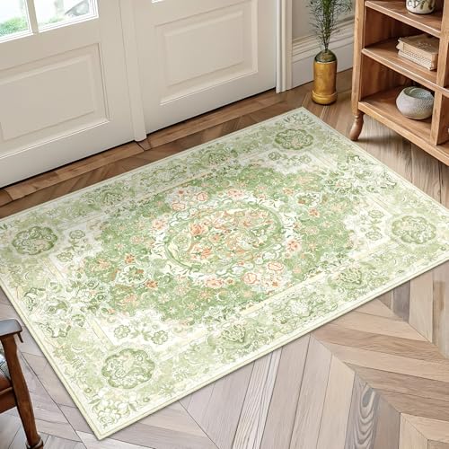 Boho Vintage Floral Area Rug 2x3,Washable Rug for Entryway Bathroom | Small Decorative Low Pile Non Slip Carpet for Bedroom, Light Green Pink - color: Boho Pink Green, size: 2'x3'
