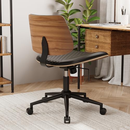 Modern Armless Office Chair with Wheels, Wide Seat Walnut, Black | Adjustable Swivel Desk Chair with Mid Back & Tilt Function, Faux PU Leather Mid Century Modern Task Office Chair, 300LBS Cap - color: Black, size: MCM Style Wide Seat