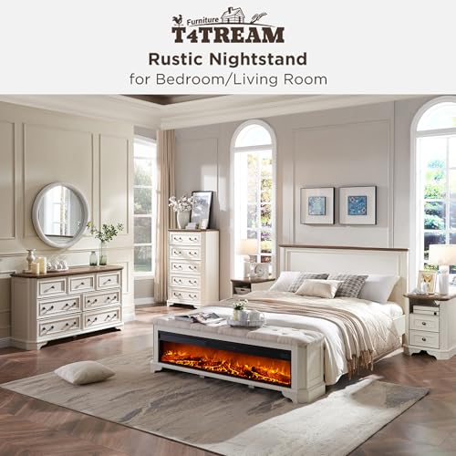 T4TREAM Farmhouse Nightstand with Charging Station, 18" End Table with 2 Drawers, Wood Side Table, Bedside Cabinet for Bedroom, Living Room (Antique White) - color: Antique White