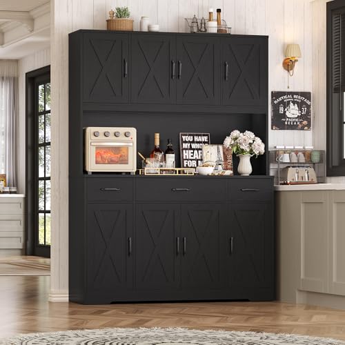 HOSTACK 71" H Kitchen Pantry Cabinet, 55" Kitchen Hutch, Black Wood Grain | Large Pantry Cabinet with Charging Station / Countertop / 3 Drawers, Farmhouse Hutch Cabinet with Storage for Dining Room - color: Black Wood Grain