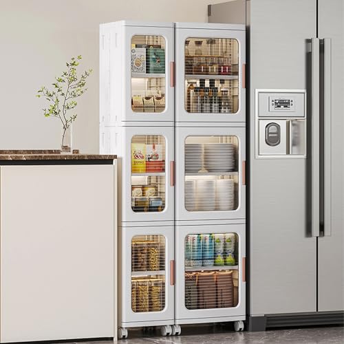 Tall Narrow Storage Cabinet, Plastic Organizer with Wheels, 4-Tier/White | Foldable Slim Cabinet for Bathroom, Kitchen, Laundry and Small Spaces, Adjustable Shelves & Magnetic Doors, Movable Wheels - size: 11.4"D x 14.6"W x 65.4"H
