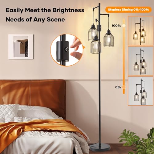 Dimmable Industrial Floor Lamp with 3 Cage Heads, 68.5" Black Tree Standing Lamp with Stepless Dimming, Modern Farmhouse Tall Pole Light for Living Room, Bedroom, Office, E26 Base (Bulbs Included) - color: Black