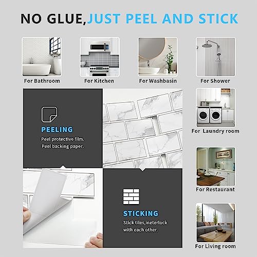URCOLOR 10-Sheet Backsplash Tile for Kitchen Peel and Stick,12"x12" Self Adhesive Wall Tiles on Back Splashes for Bathroom White Marble Look - color: White