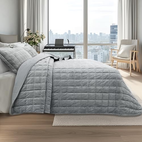 Velvet Quilt King Size, Luxury Soft Bedding Set, Lightweight Cozy Warm Quilted 3-Piece Velvet Coverlet Bedspread Set with 2 Pillow Shams for All Season Grey - color: Grey, size: King(98"x106")