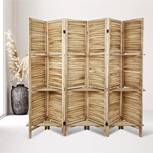 6 Panel Room Divider with Shelves | Freestanding Wooden Louvered Privacy Screen, Built‑in Display Shelves, Foldable Hinges, Natural - color: Natural-6 Panel, size: 6 Panel