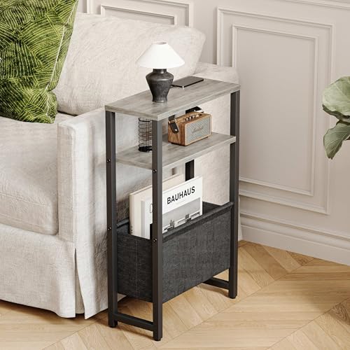 Narrow Side Table, Slim End Table with Magazine Rack, Skinny Bedside Table for Small Spaces, 3 Tier Sofa Couch Table Nightstand for Living Room, Bedroom,Oak Grey LET503Q - color: Oak Grey, style: No Charging Station