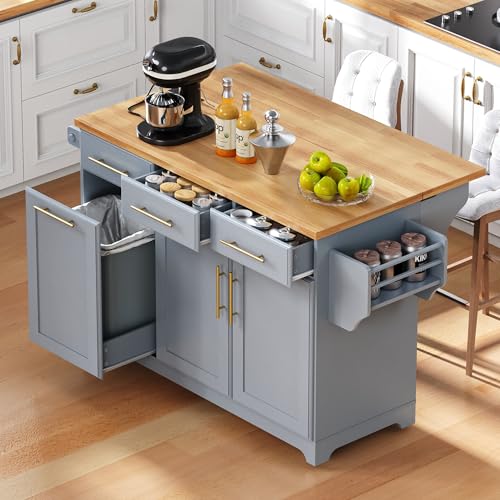 Kitchen Island with Trash Can Storage & Pull-Out Trays | Solid Rubberwood Countertop Kitchen Island on Wheels, Drop Leaf, Power Outlet, 3 Drawers - color: Grey