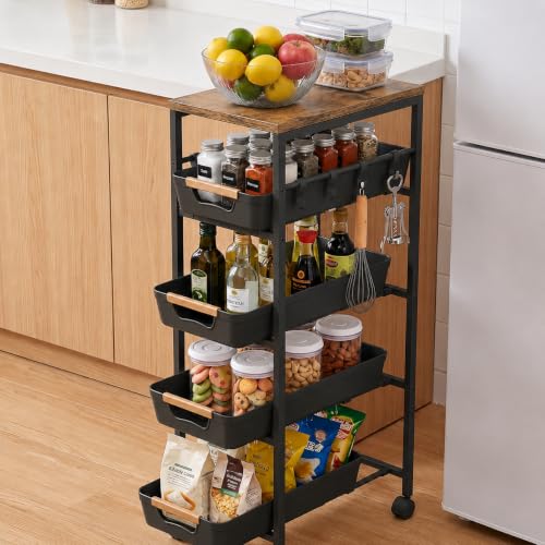 5 Tier Slim Rolling Storage Cart with Pull-Out Drawers, Black | Narrow Utility Organizer Cart, Wooden Top, Wheels, For Small Spaces, Kitchen, Bathroom, Laundry Room - color: Black