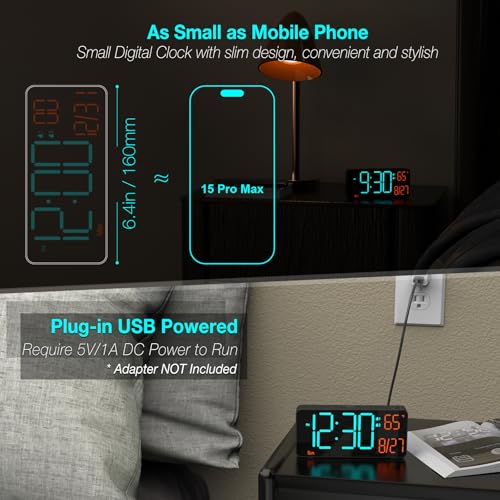 Digital Clock for Bedroom 6.7in Alarm Clocks for Living Room, Auto Dimming,Date,Week,Seconds,Indoor Temperature, Small Digital Alarm Clock for Classroom,LED Alarm Clocks for Bedrooms - color: Black (Blue + Orange Digits)