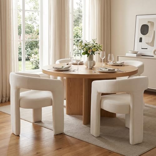 HNY Modern Chenille Barrel Single Dining Chair, White | Upholstered Accent Armchair With 18.32" Wide Seat No Assembly Required For Living Room Bedroom Vanity Small Spaces - color: White Chenille