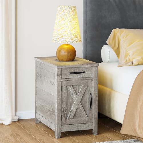 IRONCK End Table with Charging Station, Narrow Side Table, Beige Maple | Bedside table. Farmhouse nightstand with drawer, cabinet, flip-top, and cup holder, wood grain, for home - color: Beige Maple