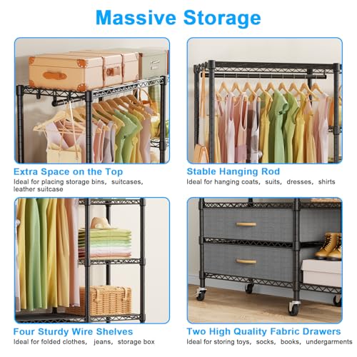 F3R Heavy Duty Clothes Rack(With Lockable Wheels)Freestanding Clothing Racks for Hanging Clothes,Adjustable Closet Organizer System,Portable Garment Rack 40"W x 15"D x 74"H,Max Load 700LBS,Black - color: Black, style: Rolling