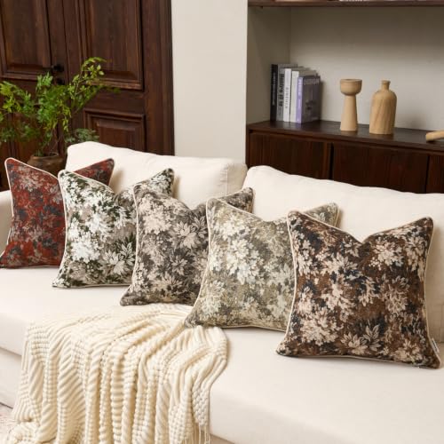 FANAMI Vintage Floral Throw Pillow Covers 20x20 Set of 2 Boho Farmhouse Accent Pillowcase Neutral Modern Chenille Square Decorative Cushion Covers for Couch Sofa Bed Living Room Home Decor, Beige - color: Beige, size: 20" x 20" (Pack of 2)
