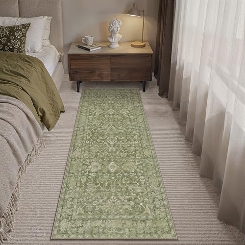 2x6 Green Neutral Runner Rug | Washable, Non Slip, Low Pile, Soft, Vintage, Floral, Distressed Farmhouse, for Hallway Entryway Kitchen Bathroom Laundry Room - color: Green, size: 2' x 6' (Runner)