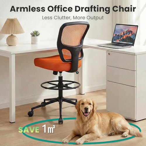 Armless Drafting Chair Tall Office Chair for Standing Desk - Adjustable Height Mesh Ergonomic Drafting Stool with Foot Ring & Wheels, Rolling Counter Height Computer Chair for Home Office - color: Orange