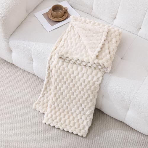 Cream Fleece Throw Blanket 50”×60” for Couch Sofa Bed | Super Soft Cozy Plush Microfiber Flannel Blanket with 3D Jacquard Decorative Lightweight for Mom Woman - color: Cream, size: 50×60inch
