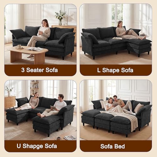 3 Seater Couch & Loveseat Sofa 2 Piece Set, Small 50" Love Seat & 69" Cloud 3 Seat Couch Sofa Set Washable Chenille Pillow Living Room Set for Apartment Office 50-Black-3+2 - color: Black, size: 50"+69"