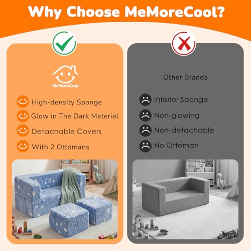 MeMoreCool Glow Modular Kids Couch, Blue Space | modular foam seating, removable washable cover, space glow design, lightweight pieces, playroom furniture - color: Space Astronaut