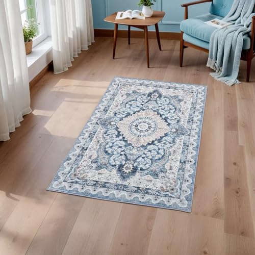 Macgace Washable Vintage Small Area Rug for Entryway, 2x3 Rugs Blue & Beige | Non-Slip Backing for Kitchen, Soft Stain Resistant Low Pile Throw Carpet for Bedroom Kids Room Front Door Dorm - color: Blue & Beige, size: 2' x 3' (Rectangular)