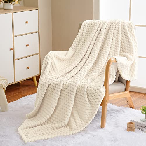 Vessia Flannel Fleece Twin Size Blanket(60x80 inch), 3D Jacquard Cream Fuzzy and Warm Blanket for Couch,Sofa,Chair, 300GSM Super Soft Touch Cozy Lightweight Beige Bed Home Decor for All-Season - color: Cream-3d, size: 60x80 inch