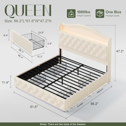 Queen Size Bed Frame and Headboard & 4 Storage Drawers | Upholstered Platform Bed Frame with RGB LED Lights & Charging Station, No Box Spring Needed, Easy Assembly, Noise-Free, Beige