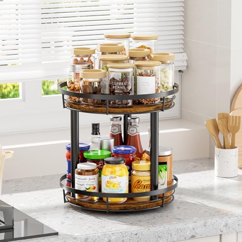 LAMU 10'' Wood Lazy Susan Spice Rack Organizer, 2 Tier Spice Organization for Cabinet, Countertop, Kitchen, Table Top, Pantry, Condiment and Seasoning Rack Organizer - size: 2 Tier 10 in