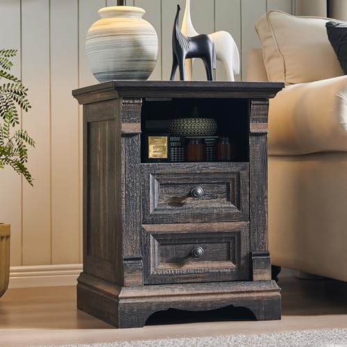 Farmhouse Nightstand Set of 2, 18" Sofa Side Table with Charging Station | Wood End Table w/Roman Column, Bedside Cabinet for Bedroom, Living Room, Dark Rustic Oak - color: Dark Rustic Oak, size: 18"D x 18"W x 24"H