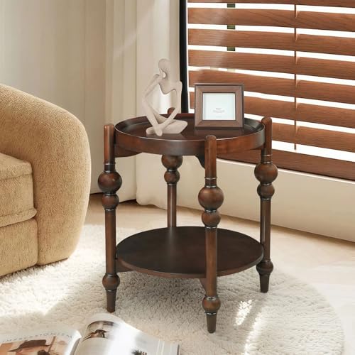 Nesting End Table for Living Room,Round Solid Wood Frame Nest Side Tables with Storage,Retro Accent Center Table for Small Space Apartment (25''D×24''H-Dark Brown) - color: B-drak Brown2