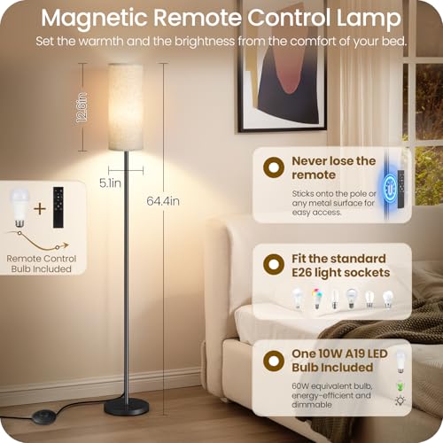 64.4” Slim Floor Lamp for Living Room with Magnetic Remote and Foot Switch, Dimmable Standing Tall Lamp Mood for Bedroom Nursery, 3 Color Temperatures, 1-Hour Timer,900LM Bulb Included,Beige E06LD05W1 - color: Beige