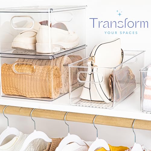 Plastic Food Storage 4 Pack Clear Container Bin with Handles for Organizing Kitchen, Pantry, Fridge, Freezer, Pantry, Bathroom. 14"x6"5" - size: 14x6x5