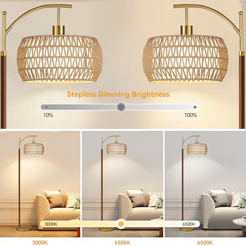 ILLMTW Boho Floor Lamp for Living Room,Bedroom,Rattan Standing Lamp with Remote Dimmable,Wood Vintage Mid Century Modern Gold Tall Lamp Wicker Lamp Shade Floor Lights Bohemian Tiffany Style - size: 7-Floor Lamp