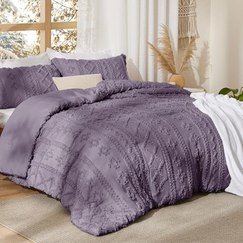 Bedsure Tufted Boho Comforter Set Twin Size - Grayish Purple Boho Bed Set, GentleSoft™ 2 Pieces Farmhouse-Style Embroidery Bedding, Gifts for Woman, Soft Jacquard Kids' Twin Comforter for All Seasons - color: 26 - Grayish Purple - Elegant, size: Twin/Twin