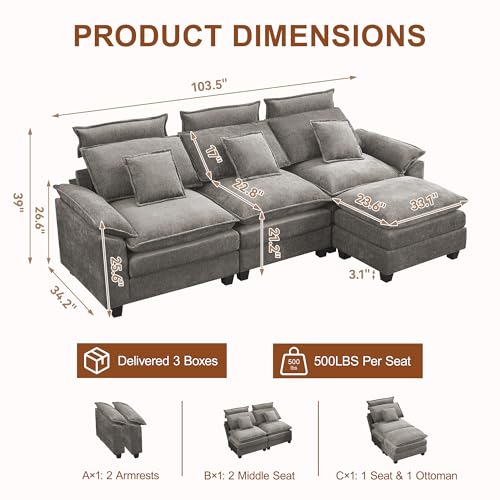 103'' Modular L Shaped Sofa, Cloud Deep Seat Sofa Couch with Ottoman, Detachable Headrest, 3 Seater Sectional Sofas for Living Room, Apartment, Studio, Light Grey - color: Light Grey, size: L Shaped Couch