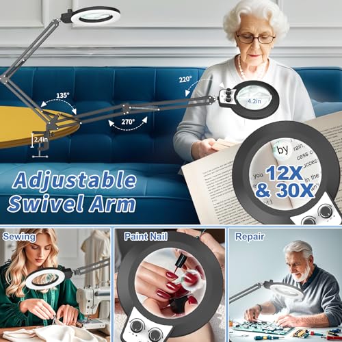 HITTI 12X & 30X Magnifying Glass with Light, Infinite Color and Brightness Desk Lamp & Clamp, 2-in-1 LED Lighted Magnifier Stand for Craft Reading Hobby Soldering Puzzle (12X & 30X Ring Base & Clamp) - size: 12X & 30X Ring Base & Clamp