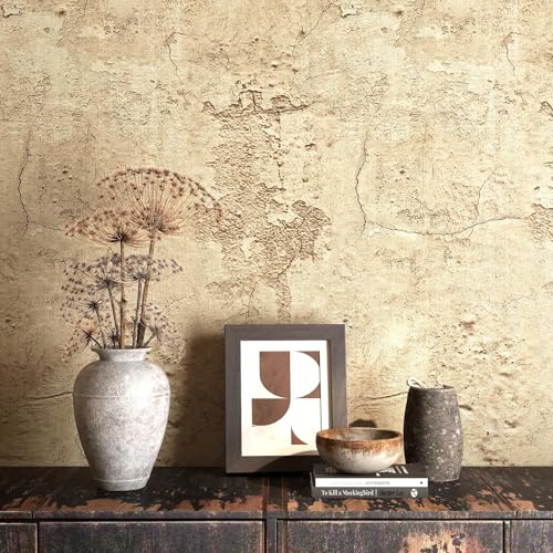 FunStick 24"x200" Aged Tan Textured Concrete Peel and Stick Wallpaper for Bedroom Living Room Accent Wall Paper Self Adhesive Vinyl Industrial Brown Cement Contact Paper for Walls Countertops Cabinets - size: 24" x 200"