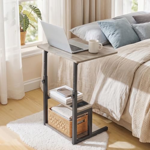 HOOBRO C-Shaped End Table, Adjustable Height Side Table with Power Strip | Couch Table with 20.5"L x 15"W Spacious Desktop, TV Tray Table with Storage Shelves for Living Room, Sofa, Chair, Greige - color: Greige + Black