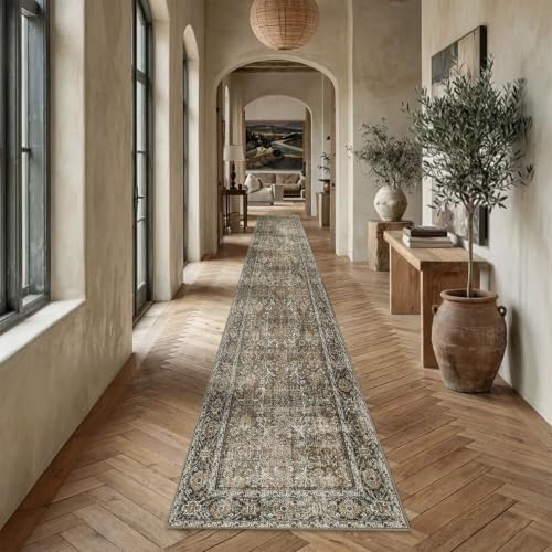 Brown Runner Rug 2.6x16 Vintage Traditional Distressed | Washable, Non Slip, Soft Low Pile, Extra Long Hallway Carpet for Kitchen, Entryway, Laundry Room, Farmhouse Decor - color: Accent Brown, size: 2'6" x 16' (Runner)