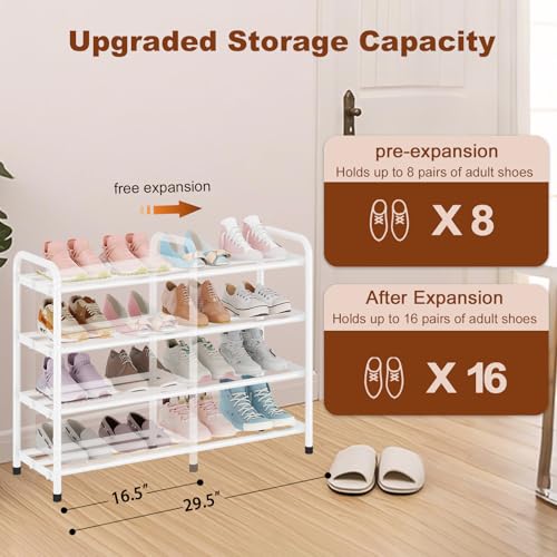 KANAV 4-Tier Expandable Shoe Rack, Heavy Duty Adjustable Metal Shoe Organizer for Closet, Entryway & Mudroom, Freestanding, Tool-Free Assembly, White - color: White, size: 4-Tiers