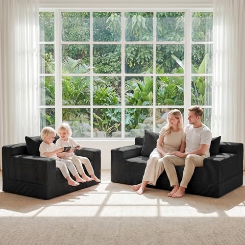 Convertible Sofa Bed,Small Boneless Couch & Boneless Loveseat,Pull Out Couch Bed for Small Spaces,Premium Luxe Corduroy Folding Floor Futon Sleeper with Side Pocket & 2 Pillows, No Assembly Required - color: A-black, size: Lovseat