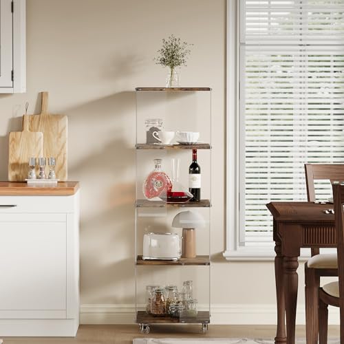 Acrylic Display Shelf with Wheel,4 Tier Bookshelf Storage Rack,Wood Shelves | Clear Acrylic Panels And Wood Shelves Create An Elegant Display Space For Books, Collectibles, Plants And Home Decor. - size: 4-Tier