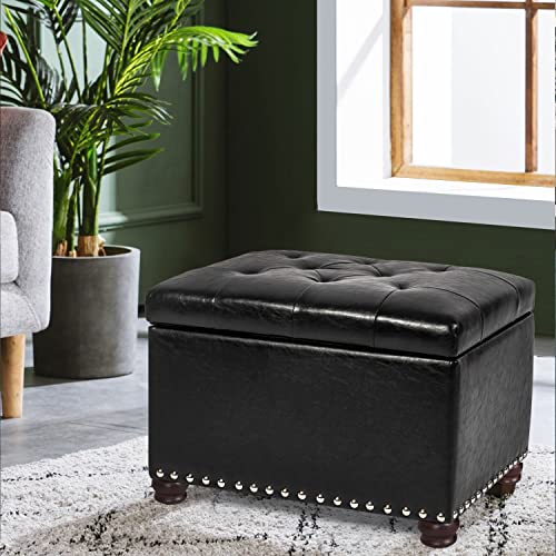 Leather Storage Ottoman, 24" Rectangle Tufted Foot Rest Stool, for Living Room Bedroom, Midnight Black - color: Midnight Black