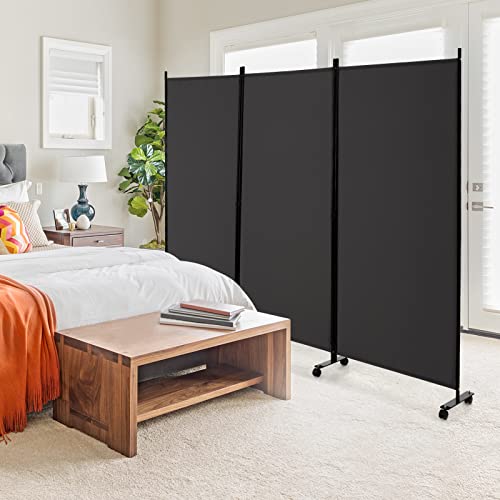 GOFLAME 3 Panel Folding Room Divider, 6FT Rolling Privacy Screen with Lockable Wheels, Portable Room Partition Screen, Freestanding Wall Divider and Separator for Home Office, Grey - color: Grey, size: 3-Panel