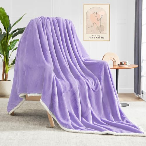 BEAUTEX Sherpa Fleece Throw Blankets Soft Fluffy Flannel Plush Cozy | Fuzzy Light Purple Cuddle Blanket for Couch, Bed, Sofa, Adults (50" x 60", Light Purple) - color: Lavender, size: Throw-50"x60"